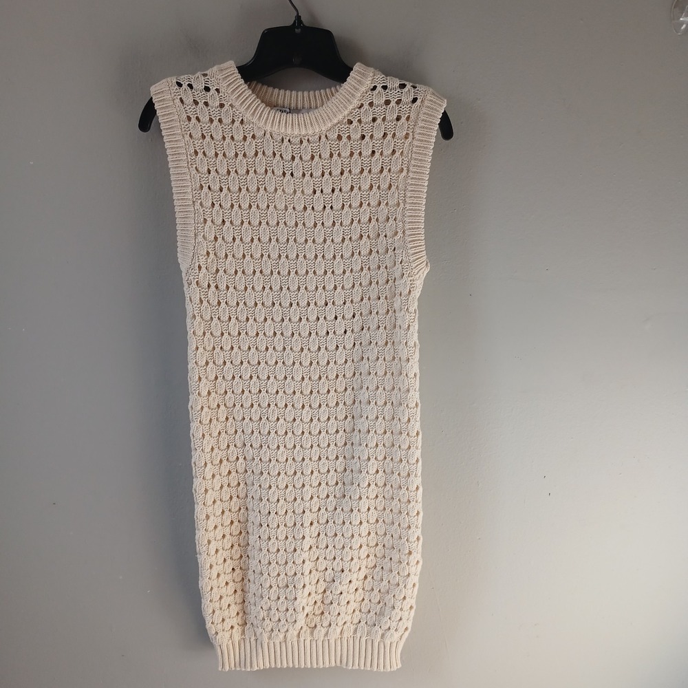 Zara Women's Size‎ Medium Ecru Mini Sweater Knit Dress Sleeveless Cotton NWT!!!